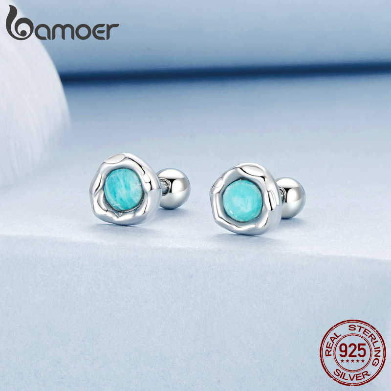 Bamoer 925 Sterling Sliver Bông Tai Thiết Kế Amazonite Trang Sức Quà Tặng Cho Nữ