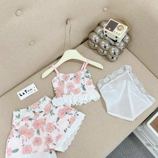 J15- Set áo hai dây hoa phối ren thêu phối với quần bo chun cho bé gái [kèm khăn) Size từ 7-26Kg