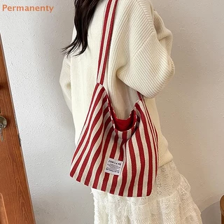 [Permanenty] Túi Tote vải sọc đơn giản Hàn Quốc Túi đeo vai hai mặt dung tích lớn thông thường