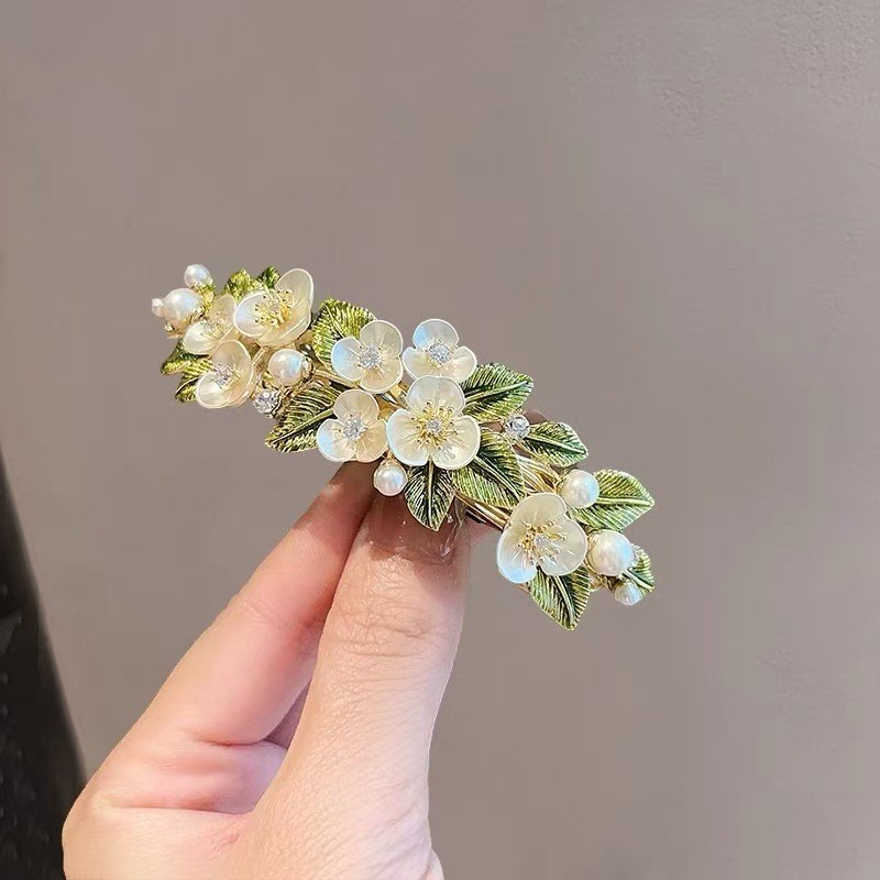 MAUROPOLI [Sẵn sàng] Mùa xuân Phong cách mới Vỏ ngọc trai hoa nữ Kẹp tóc ngang Kẹp tóc đính đá trung bình Kẹp tóc đuôi ngựa sang trọng
