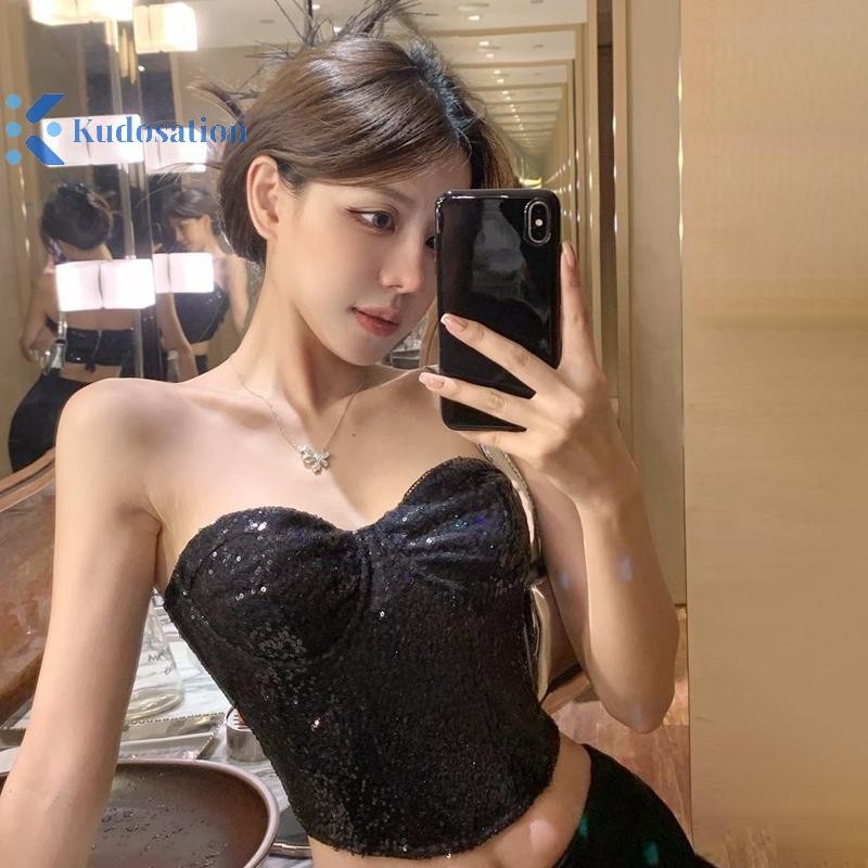 Kudosation Sequin Công Nghiệp Nặng Xương Cá Áo Ngực Top Cay Cô Gái Hộp Đêm Phố Quấn Ngực Thời Trang Hạt Dây Kéo Áo Ngực Top Lấp Lánh Gợi Cảm Corse Đẹp