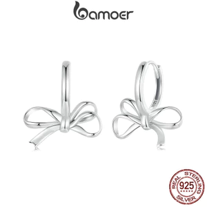 Bamoer 925 Sterling Sliver Vòng Bông Tai Thiết Kế Nơ Dễ Thương Hàng Ngày Ocassion Trang Sức Quà Tặng Cho Nữ Bé Gái Học Sinh