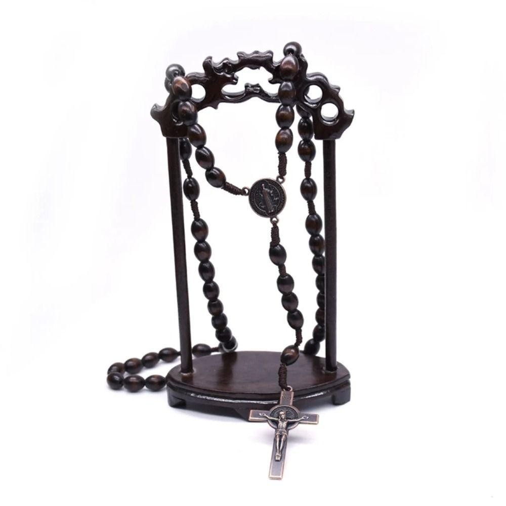 JUNYUE88US Vòng cổ Mân Côi thủ công, Treo xe trang trí Vòng cổ hạt gỗ gỗ, Phụ kiện trang sức Công giáo Màu nâu đậm Bền Công giáo đóng đinh Dây chuyền Kitô giáo