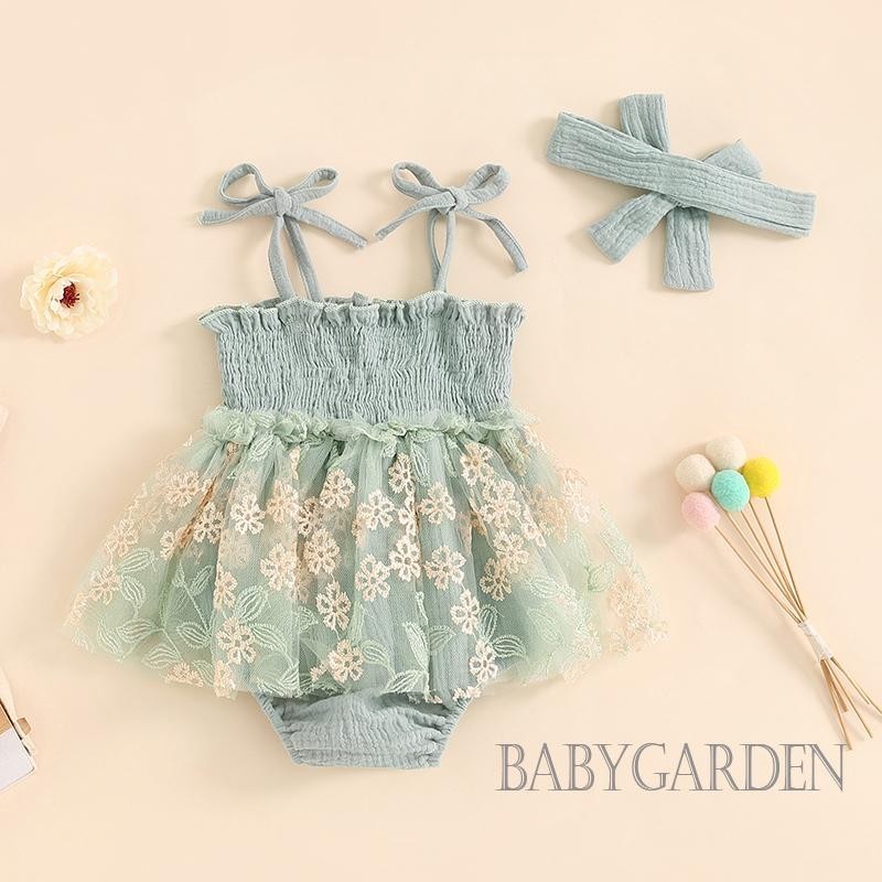 Baga-baby Bé Gái Rompers Đầm Có Băng Đô Buộc Dây Đeo Spaghetti Hoa Thêu Lưới Viền Trẻ Sơ Sinh Body Quần Áo Mùa Hè