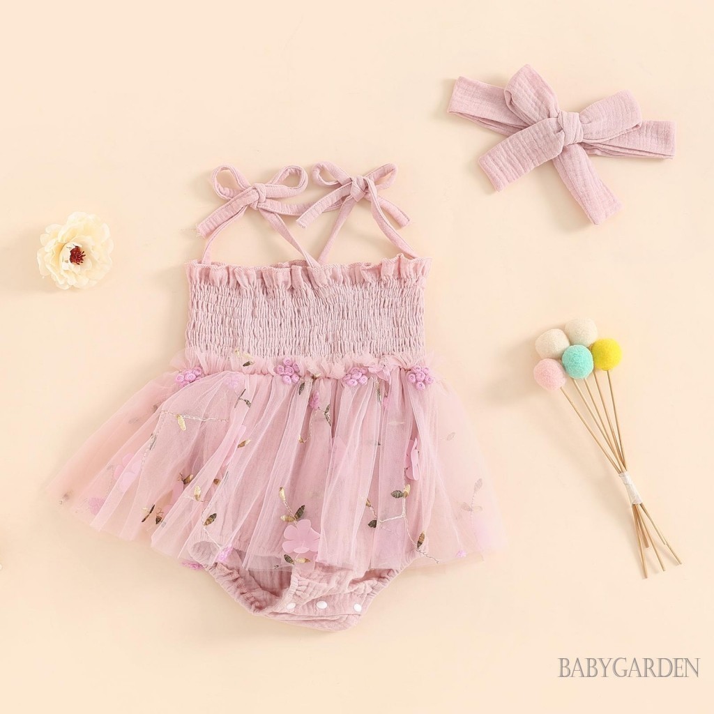 Baga-baby Bé Gái Rompers Đầm Có Băng Đô Buộc Dây Đeo Spaghetti Hoa Thêu Lưới Viền Trẻ Sơ Sinh Body Quần Áo Mùa Hè