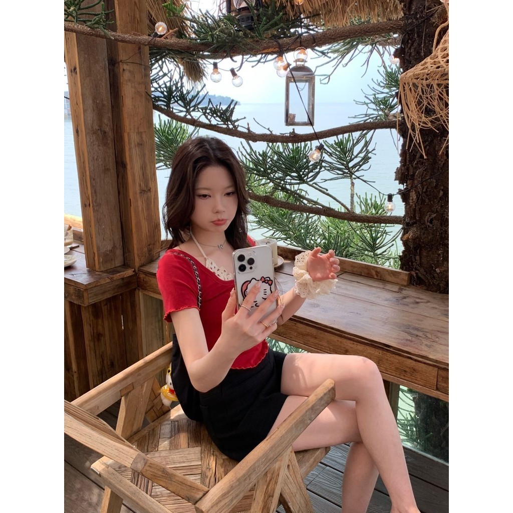 Milyfashion Sweet Dream Ballet Hoa Khâu Nấm Top Slimer Look Pure Desire Style Dây Cổ Màu Sắc Tương Phản Giả Hai Mảnh Tay Ngắn T @