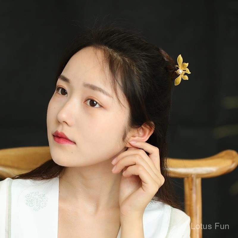Hoa lan vàng ngọc trai hình chữ U đôi trâm cài tóc phương pháp cổ mạ vàng cổ điển khí chất Hán phục sườn xám phụ kiện tóc trang trí