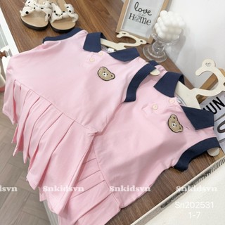 10-20kg Váy polo thêu gấu hồng viền đen SN cho bé gái, váy đi học cho bé gái