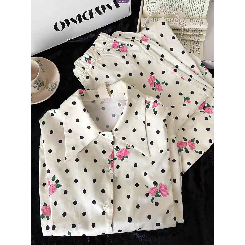 Bộ đồ ngủ hoa hồng chấm bi ngọt ngào dành cho nữ Xuân Thu Quần dài tay mới Phần mỏng của bộ đồ mặc nhà [BL]