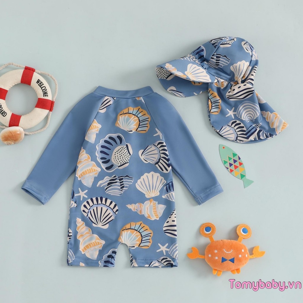 Trẻ mới biết đi Rash Guard Đồ bơi có mũ Seahorse Shell Pattern Zip Up Đồ bơi dài tay cho bé trai bé gái