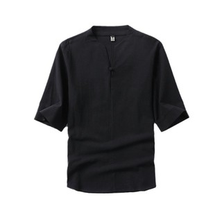 Plus Size Men Linen Buttoned T-Shirt Oversize Cotton Linen Three-Quarter Sleeve Casual Loose V-Neck