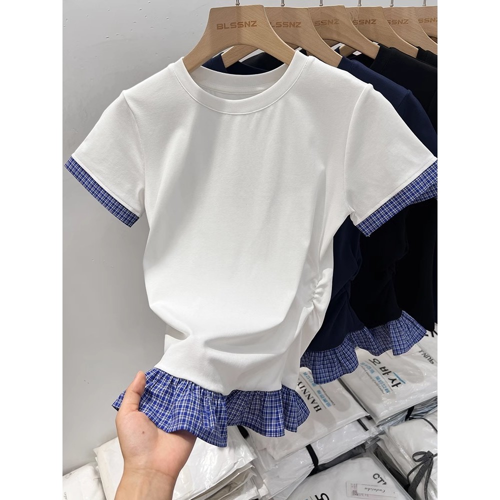 Milyfashion Áo Thun Nữ Tay Ngắn Màu Trắng Mùa Hè Phong Cách Mới Thiết Kế Độc Đáo Niche Kẻ Sọc Khâu Top Nữ Nửa Tay Hợp Thời Trang 2025