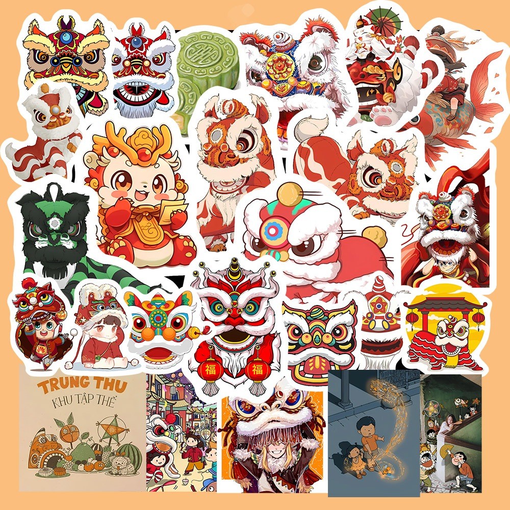 Hộp 25 Miếng Dán Sticker HÌNH TẾT TRUNG THU - Chống Thấm Nước Trang Trí laptop, vali - NSX Gì Cũng In