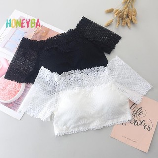 < Honeyba > Áo Crop top trễ vai ren gợi cảm dành cho nữ có miếng đệm Áo ngực ngắn tay Áo yếm đẹp