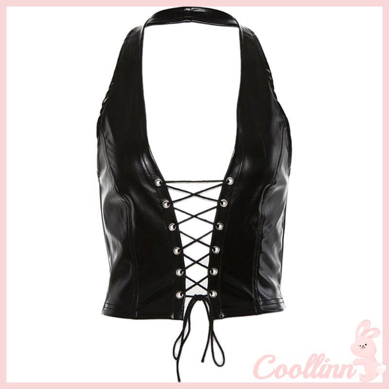 Coo Nữ Punk Không Tay Crop Top Dây Lưng Giả Da Ren Rỗng Áo