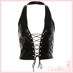 Coo Nữ Punk Không Tay Crop Top Dây Lưng Giả Da Ren Rỗng Áo