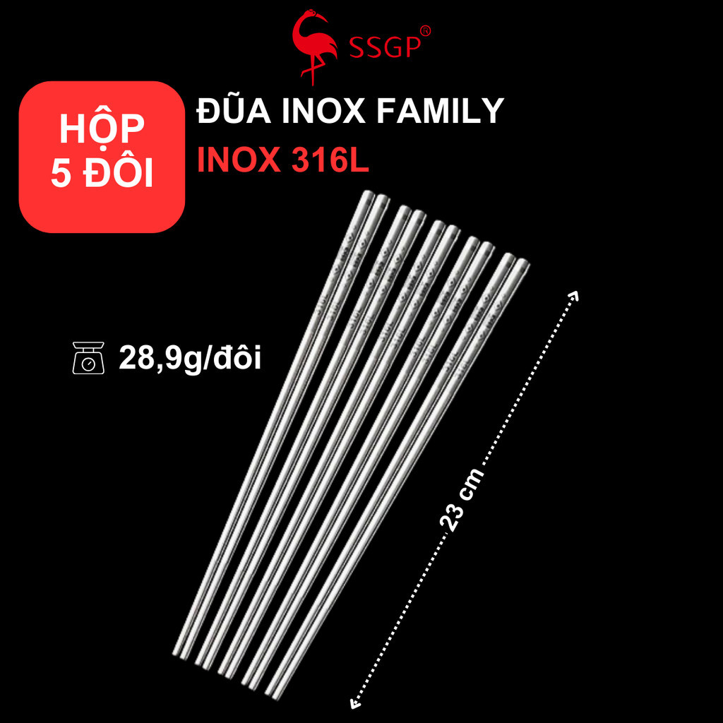 [Combo 5 đôi] Đũa inox 316 Family cao cấp SSGP, chống trơn trượt, bộ 5 đôi, kháng khuẩn, an toàn 304
