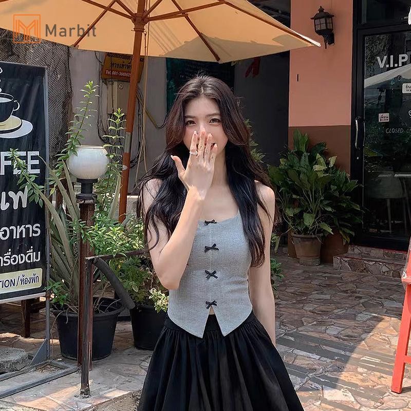 Marbit Mùa Hè Nữ Ngọt Ngào Gợi Cảm Ba Chiều Nơ Dây Không Tay Ôm Dệt Kim Camisole Mới