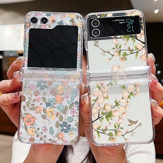 Hoa Họa Tiết Trong Suốt Ốp lưng Samsung Galaxy Z Flip 6 Flip 5 Flip 4 5G Full Bản Lề Trong Suốt Cứng PC Gấp Ốp Lưng Samsung Z Flip6 Flip5 Flip4 Flip3