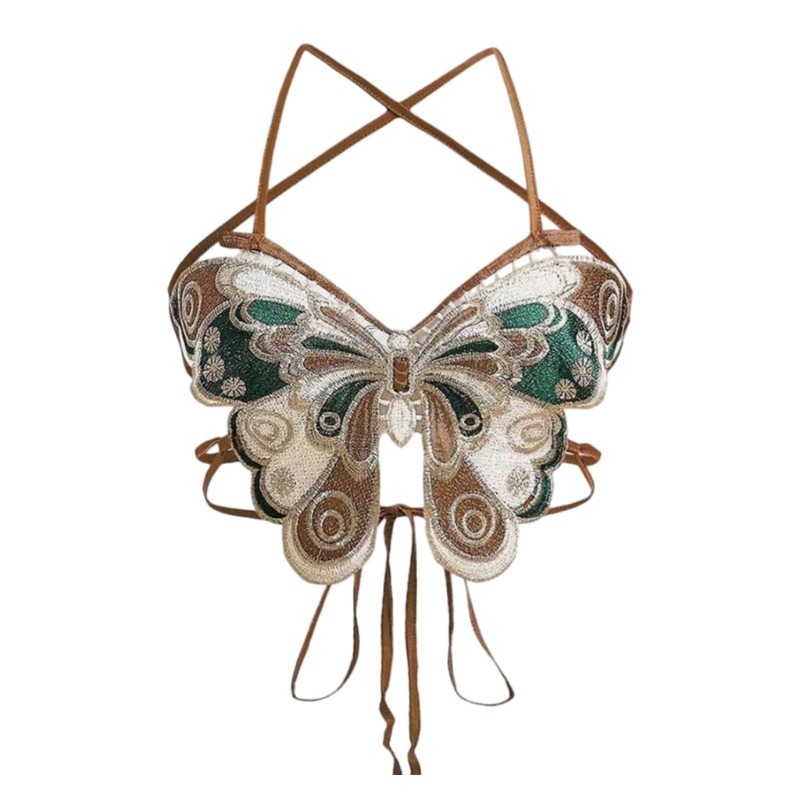 Pealike Nữ Strappy Bra Crop Top Bướm Thêu Crisscross Backless Camisole