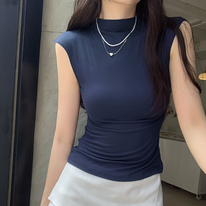 Suxi - Retro Đơn Giản Mùa Hè Mới Cổ Cao Đa Năng Áo Thun Nữ Tay Ngắn Cổ Cao Đa Năng 240504