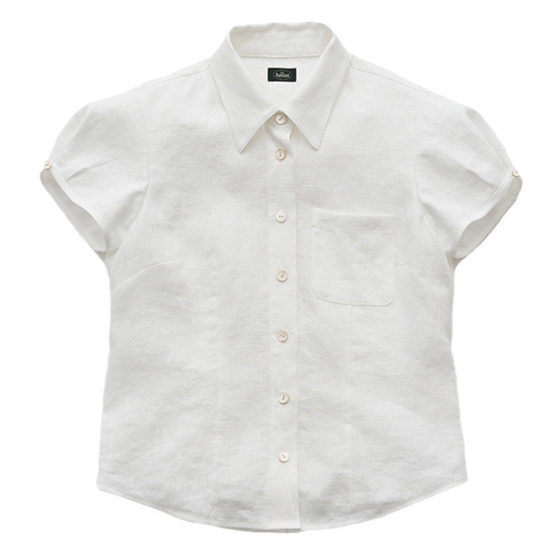 The barnnet Summer Thin Cotton and Linen Top Loose Short Sleeve Cardigan Shirt White Shirt