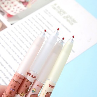 [Mực Đen] Set 4 Bút Hoạt Hình Capybara, Mắc Cài Kim Loại Đệm Tay Silicon Ngòi 0.5mm