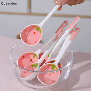 Queenten 1 Dễ Thương Dâu Tây Gốm Canh Thìa Kem Vẽ Tay Cà Phê Món Tráng Miệng Tay Cầm Dài Thìa Nhà Bếp Bộ Đồ Ăn Phụ Kiện QT