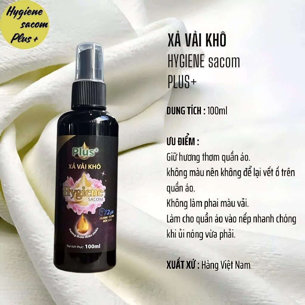 Chai Nước Xả Vải Khô Hygiene Sacom Plus+ Giữ Hương Thơm Lâu Trên Quần Áo, Vải Chai 100mL, Xịt Xả Vải Khô Thơm Lâu