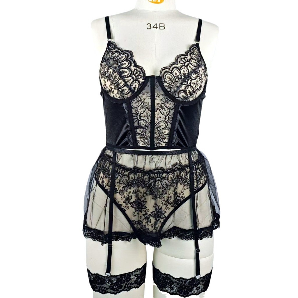 Châu Âu Mỹ Mới Phong Cách Nhẹ Ren Đen Phối Cảnh Khâu Garter Thắt Lưng Xương Cá Xuyên Biên Giới Gợi Cảm Bộ Bốn Mảnh