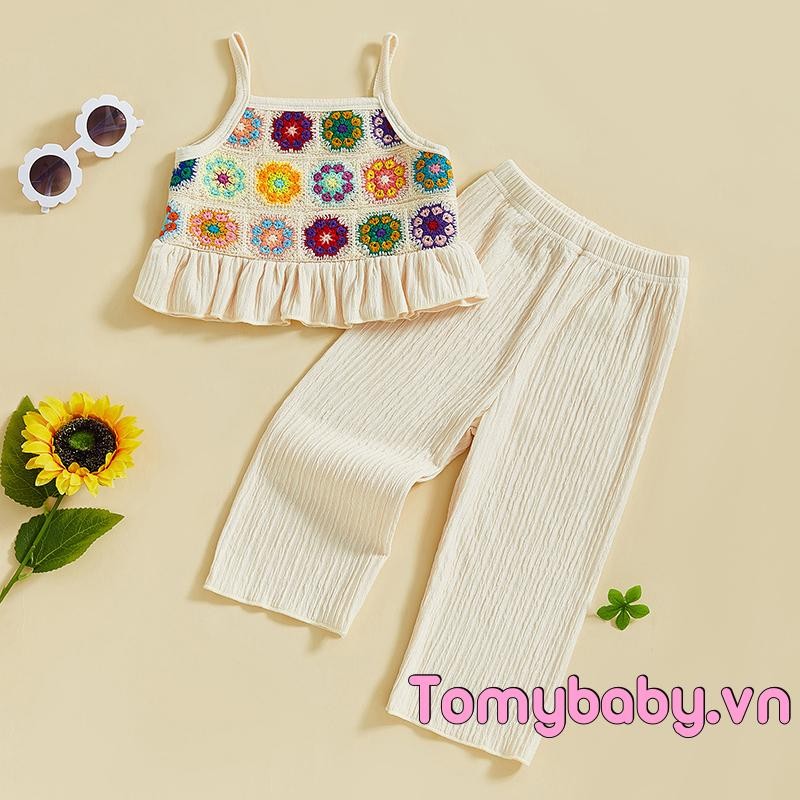 Bộ trang phục 2 món cho bé gái mới biết đi Hoa móc / Bộ Áo hai dây xù trái cây + Bộ quần thun