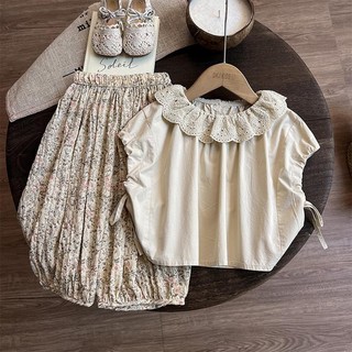 Áo thun ngắn tay cho bé gái mùa hè + quần dài hoa hai mảnh, bộ thời trang mới mùa hè, phong cách Mori, trang phục mùa hè cho trẻ em, bộ quần hoa chống muỗi cho bé gái