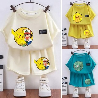 Pokémon Quần Short Tay Ngắn Hoạt Hình In Hình Thoải Mái Waffle Vải Mỏng Bé Trai Và Bé Gái Mặc Mặc Ở Nhà Bộ Pyjama