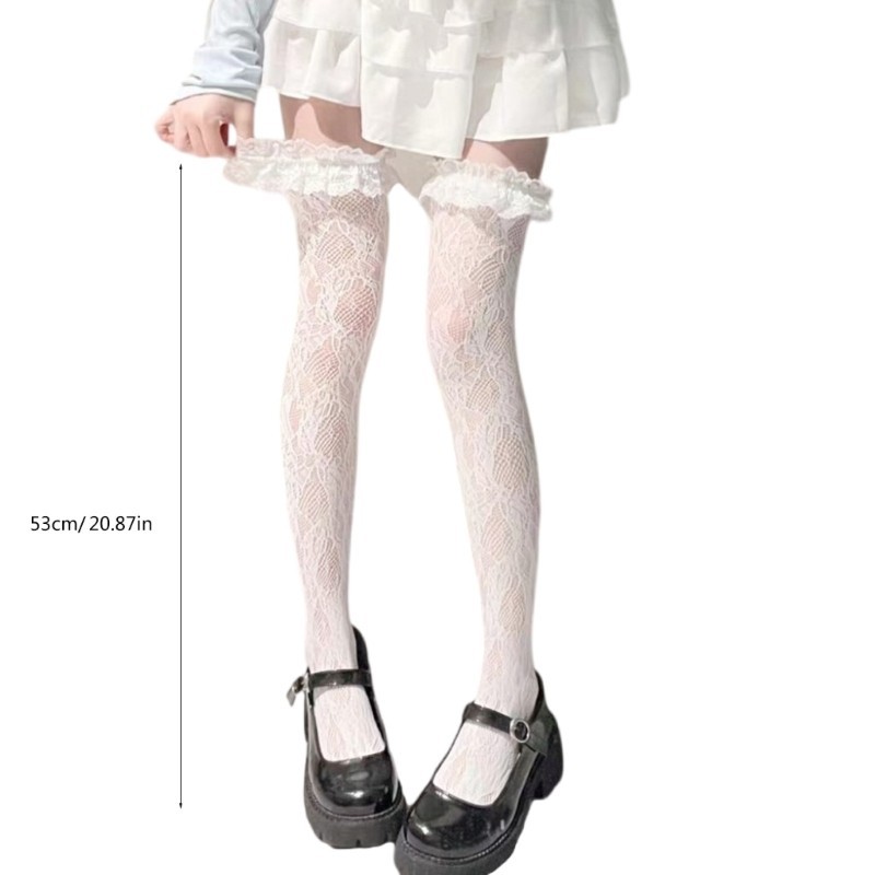 Woke Fishnet Đùi Cao Tất Cho Nữ Ruffle Viền Hoa Ren Trên Đầu Gối Tất