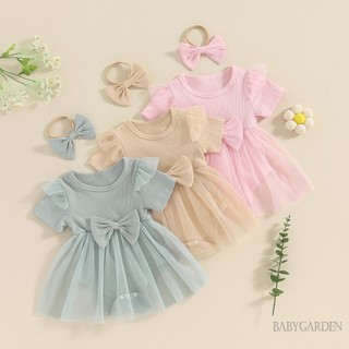 Baga-áo liền quần cổ tròn tay ngắn cho bé gái + Băng đô nơ 3D dành cho trẻ sơ sinh Trang phục mùa hè