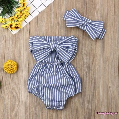Bộ Quần Áo Bé Gái Ống Top Nơ Áo Liền Quần Sọc Không Tay + Băng Đô 2 Chiếc Trang Phục