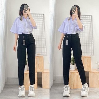 Quần tây nữ lưng cao đi làm, đi học đen, xanh đen có đai lưng Xưởng Quần Tây 3A quần baggy đứng form suông có big size