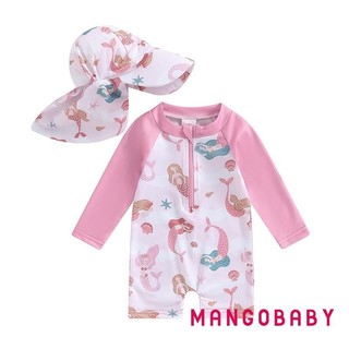 Mg-bộ đồ tắm bé gái Bộ đồ tắm dài tay Rash Guard Đồ bơi vành rộng Mũ chống nắng cho trẻ sơ sinh