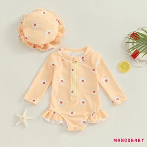Mg-baby Bé Gái Đồ Bơi Tay Dài In Hoa Bikini Có Mũ Đồ Bơi Sơ Sinh Cho Tắm Mùa Hè