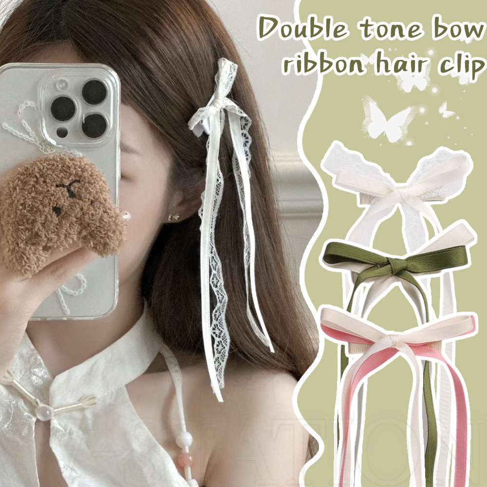 Kẹp tóc ruy băng Satin dài nơ hai tông màu - Kẹp tóc bện đuôi ngựa phong cách múa ba lê - Thời trang Hàn Quốc, ngọt ngào, dễ thương, thanh lịch - Kẹp mỏ vịt ren bên - Phụ kiện tóc phổ biến