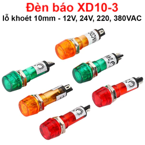 Đèn Báo Tín Hiệu XD10 - 3 Lỗ Khoét 10mm, Điện Áp 12V 24V 220V 380VAC