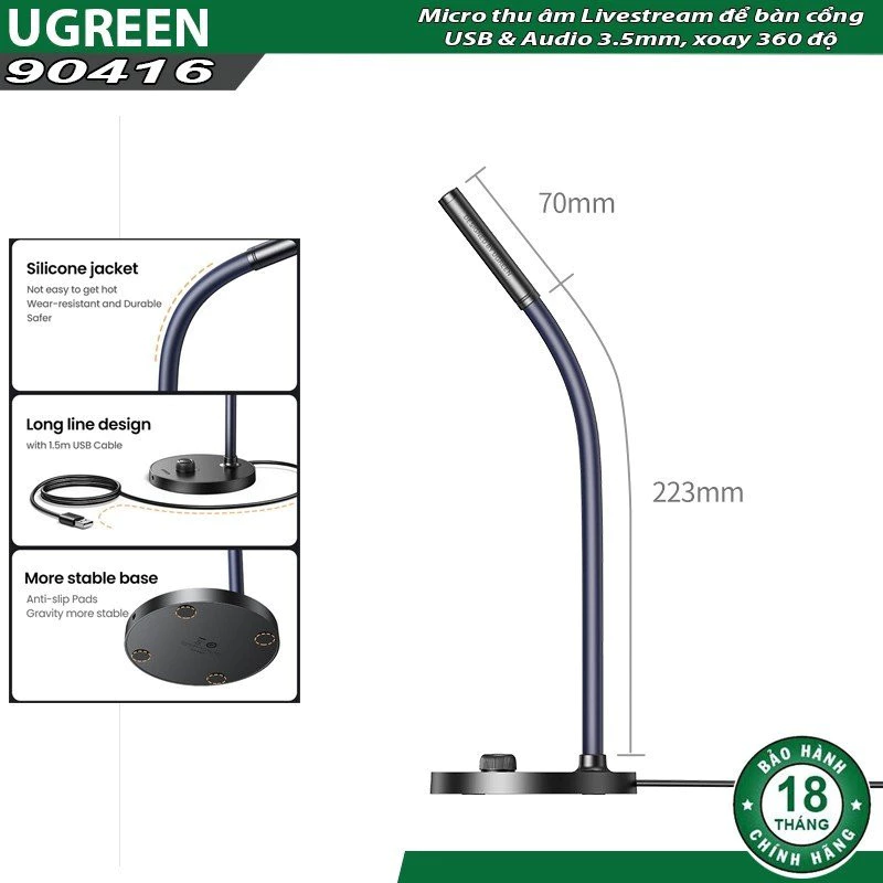 Micro để bàn Ugreen 90416 CM564 (Online Learning,Live Straming,Chíp DSP) dây USB 1,5m