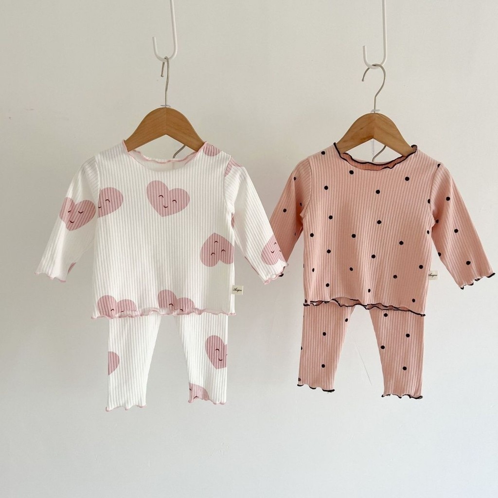 Bé Gái Ice Silk Ribbed Loungewear Phù Hợp Với Phong Cách Mới Bé Gái Dài Tay Bộ Đồ Ngủ Băng Nấm Cạnh Hai Mảnh Phù Hợp Với SKDR