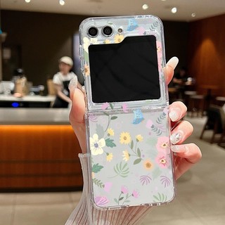 Hoa Tươi Họa Tiết Hoa Trong Suốt Silicon Mềm Vỏ Điện Thoại Cho Samsung Galaxy Z Flip 6 Flip 5 Flip 4 Flip 3 5G Flip6 Flip5 Flip4 Flip3 Khóa Kim Loại Trong Suốt Gấp Bao