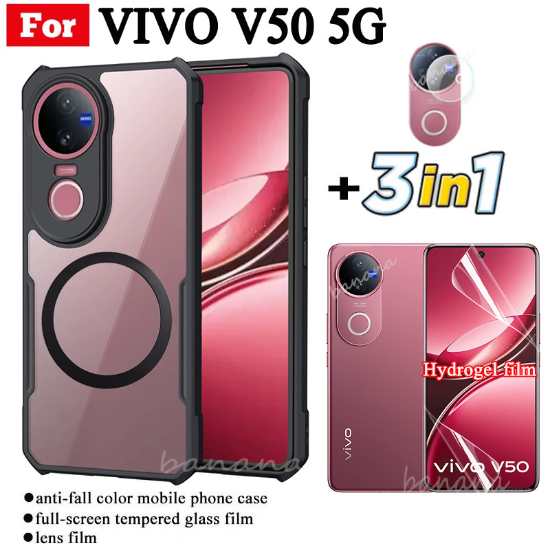Ốp Điện Thoại Chống Sốc 3 Trong 1 Vivo V50 5G Có Nhãn Dán Sạc Không Dây Từ Tính Cho Vivo V40 Pro V40 Lite Y19S Chống Gián Điệp Mềm Riêng Tư Bảo Vệ Màn Hình Phim Hydrogel + Phim Ống Kính