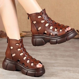 Dép sandal da nữ đế dày, cao gót, kiểu La Mã, miệng cá, phong cách retro 2024