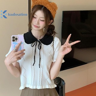 Kudosation Mùa Hè Hàn Quốc Nơ Ngọt Ngào Cổ Búp Bê Tay Ngắn Dệt Kim Áo Thun Nữ Đẹp