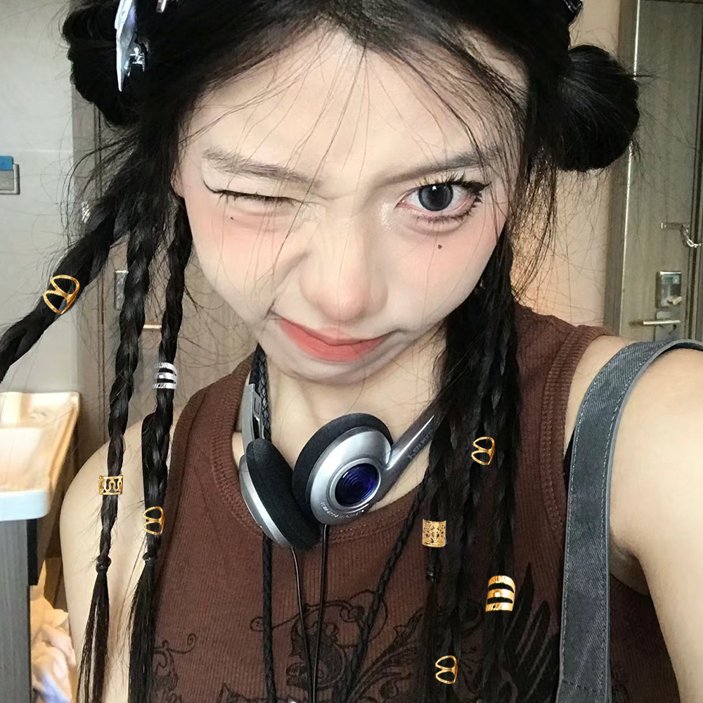 Nhẫn Tóc Kim Loại Dreadlock Phong Cách Hip Hop - Bé Gái Cá Tính Hóa Trang Mũ Phụ Kiện Bím Bẩn Có Thể Điều Chỉnh Kẹp Còng