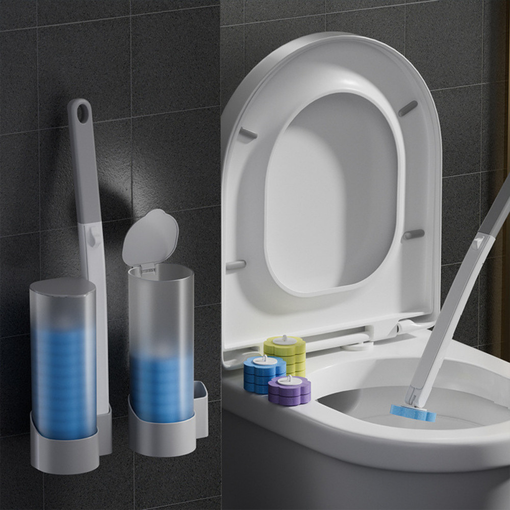 Bộ cọ vệ sinh nhà tắm dùng một lần gắn tường, cọ toilet xoay 360 độ thế hệ mới có đầu thay thế
