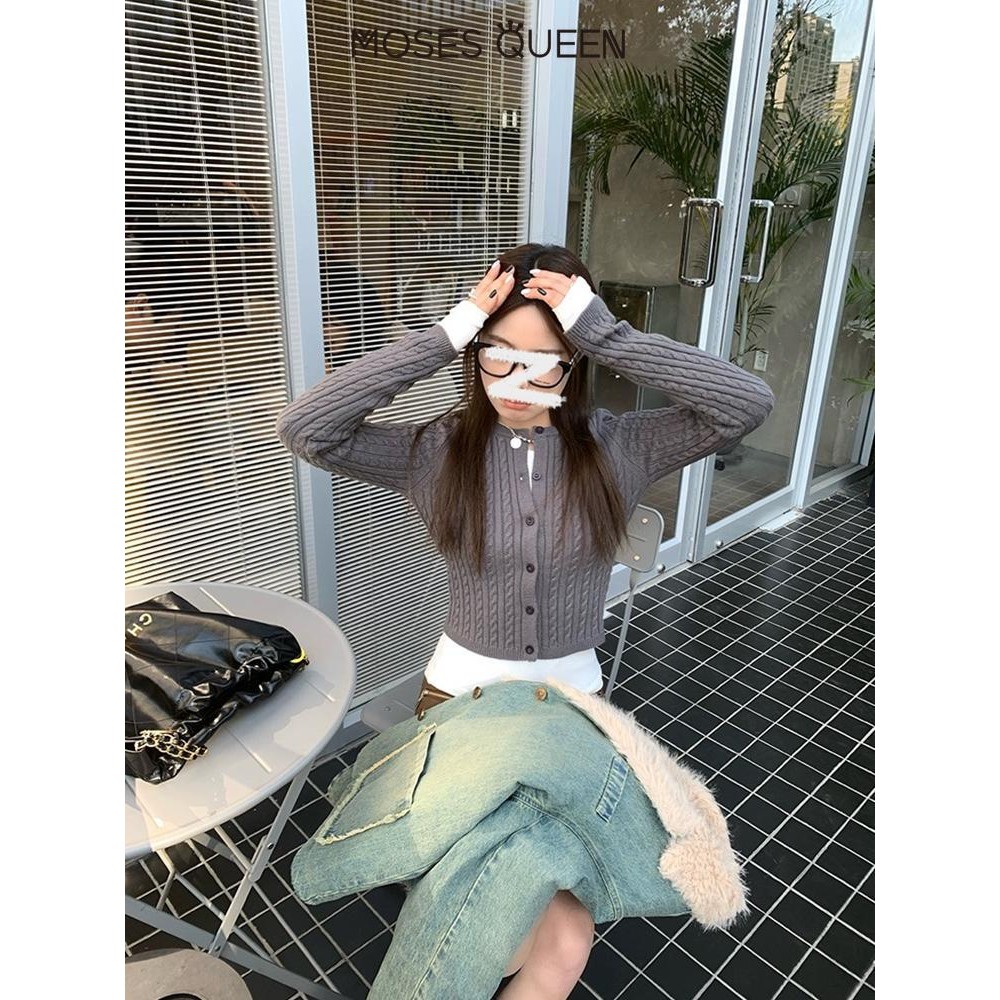 MOSESQUEEN Twist Dệt Kim Cardigan Cổ Tròn Mỏng Mỹ Slim Skinny 2025 Mới Top Nữ #59240 | BigBuy360 - bigbuy360.vn